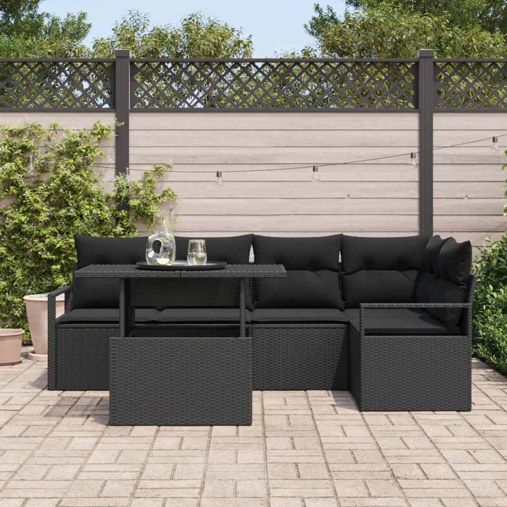 6 Darabos Kertipohár Szett Párnákkal Fekete Poly Rattan, 2-Fős Kertipohár Tárolóval és Párnákkal Fekete Poly Rattan