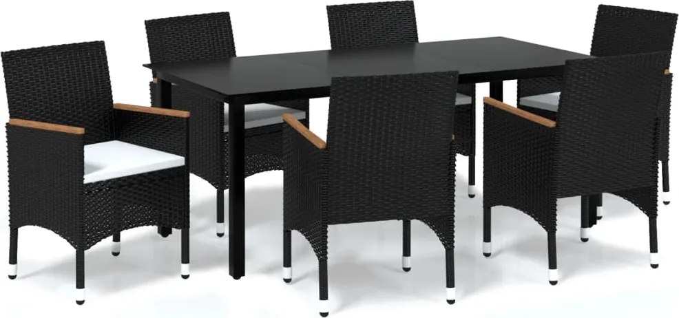 vidaXL 7 részes fekete polyrattan kerti étkezőgarnitúra párnákkal