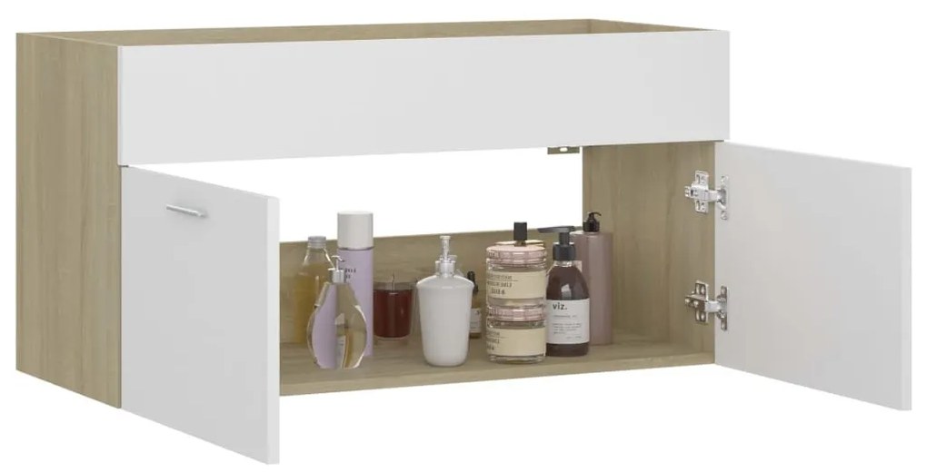 Fehér és sonoma tölgy szerelt fa mosdószekrény 90x38,5x46 cm