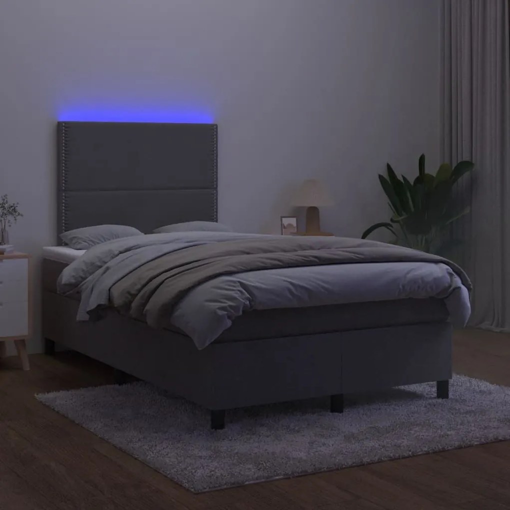 sötétszürke bársony rugós és LED-es ágy matraccal 120x190 cm