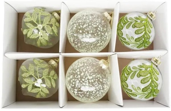 Karácsonyi üveg gömb dísz levél mintás, pöttyös 8 cm 6 db szett átlátszó, zöld