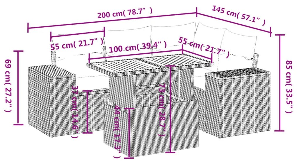 5 részes fekete polyrattan kerti kanapészett párnákkal