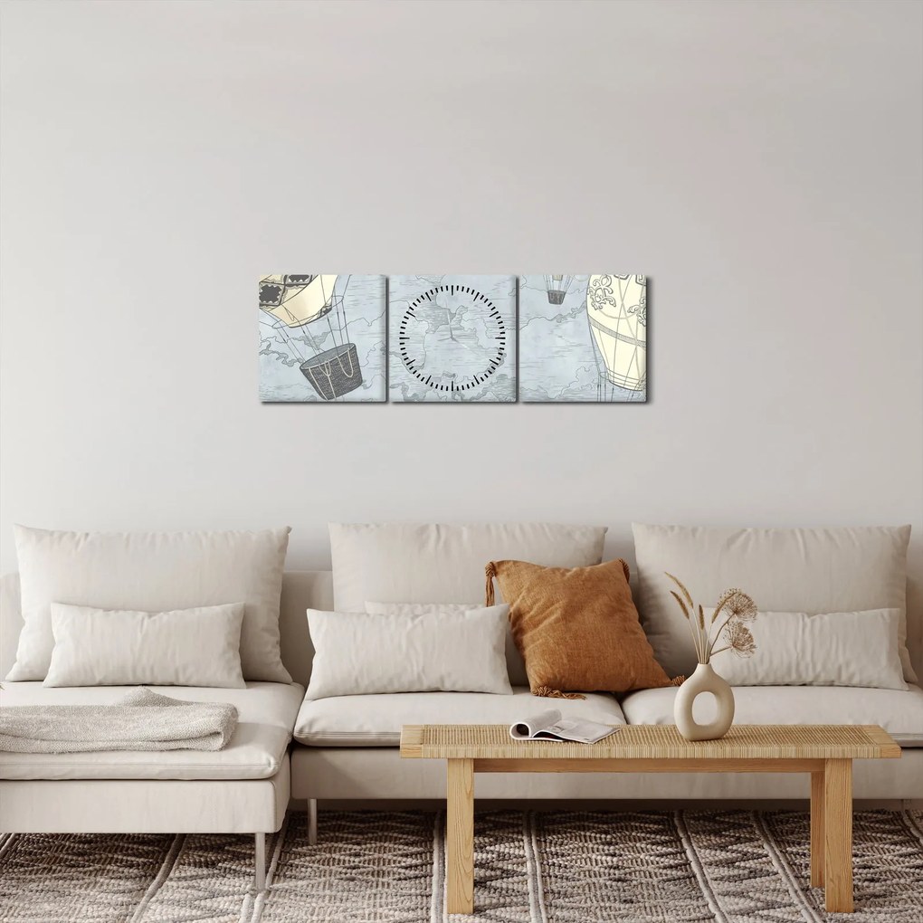 Kép - léggömbök a város felett, hűvös tónusok (órával) (90x30 cm)