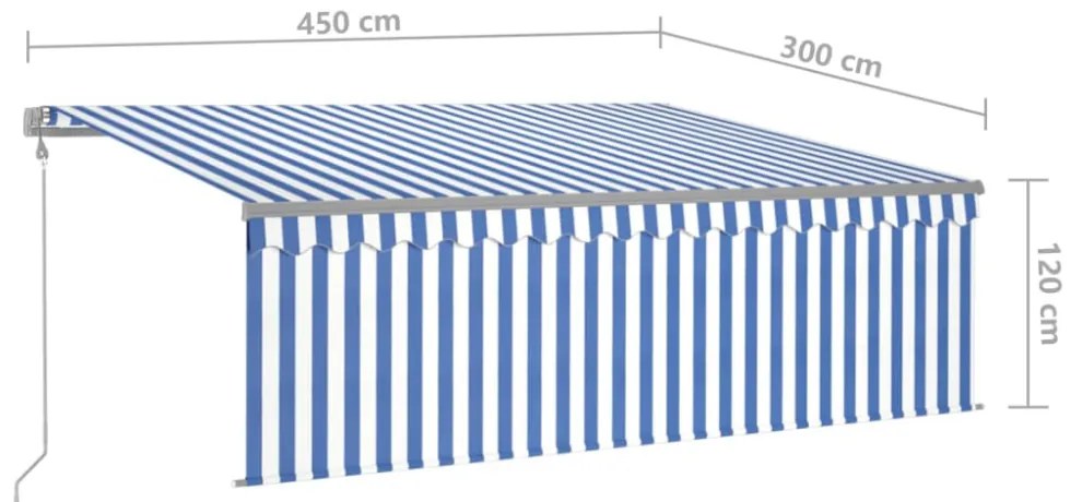 kék és fehér redőnyös, szélérzékelős, LED-es napellenző 4,5x3 m