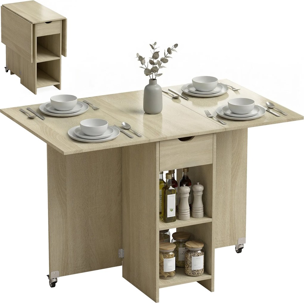 HOMCOM összecsukható étkezőasztal fiókkal és 2 polccal, 2–4 személyes, modern helytakarékos konyhai/étkező asztal, natúr, 114,5 x 70 x 75 cm | Aosom