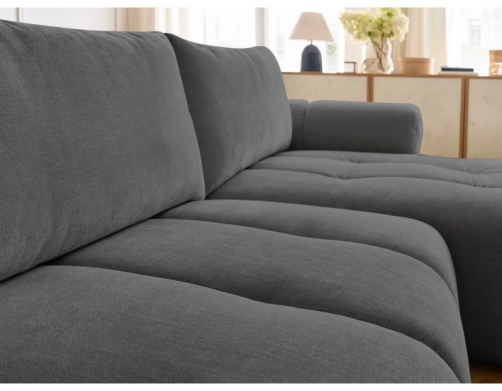 Sötétszürke kinyitható-tárolóhelyes sarokkanapé (jobb oldali-heverő résszel) Fuji – Bobochic Paris