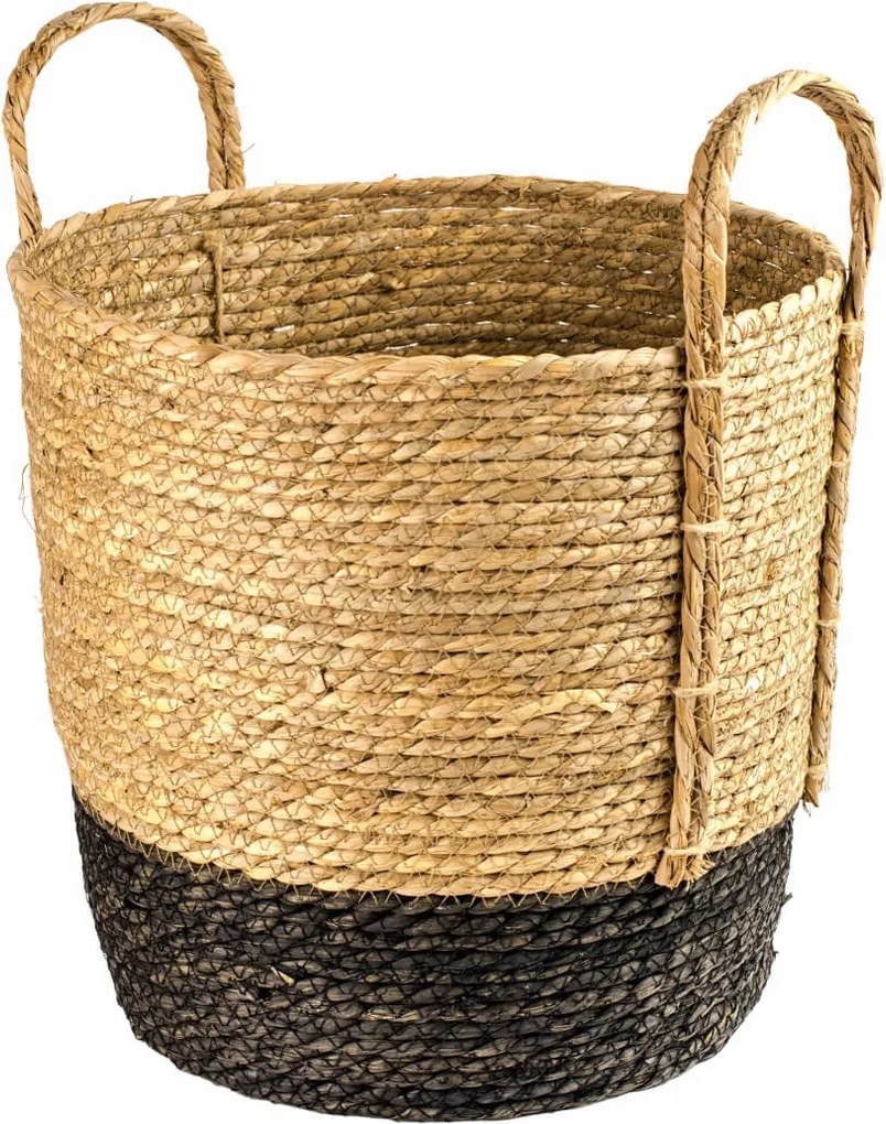 Fonott kosár fülekkel bézs-fekete L 36 cm Boho Tengeri Fű