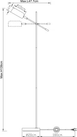 Globo 24099SB Állólámpa fém fekete váz, fém fekete búra, műanyag szatén izzóvédővel. A fej állítható. HxSzxM: 477x200x1390, fényforrás nélkül 1xE14 25W 230V