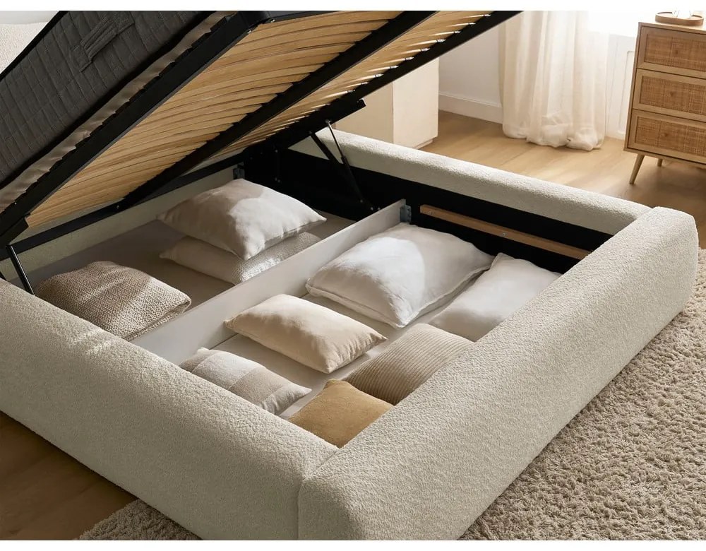 Bézs kárpitozott ágyneműtartós franciaágy ágyráccsal 140x190 cm Orlane – Bobochic Paris