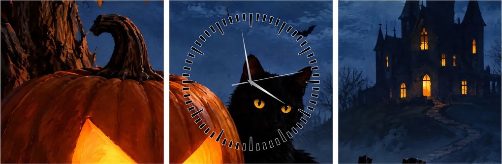 Kép - Fekete macska egy világító halloweeni tök mellett (órával) (90x30 cm)