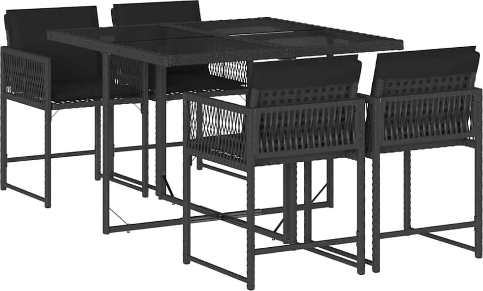 vidaXL 5 részes fekete polyrattan kerti étkezőgarnitúra párnákkal