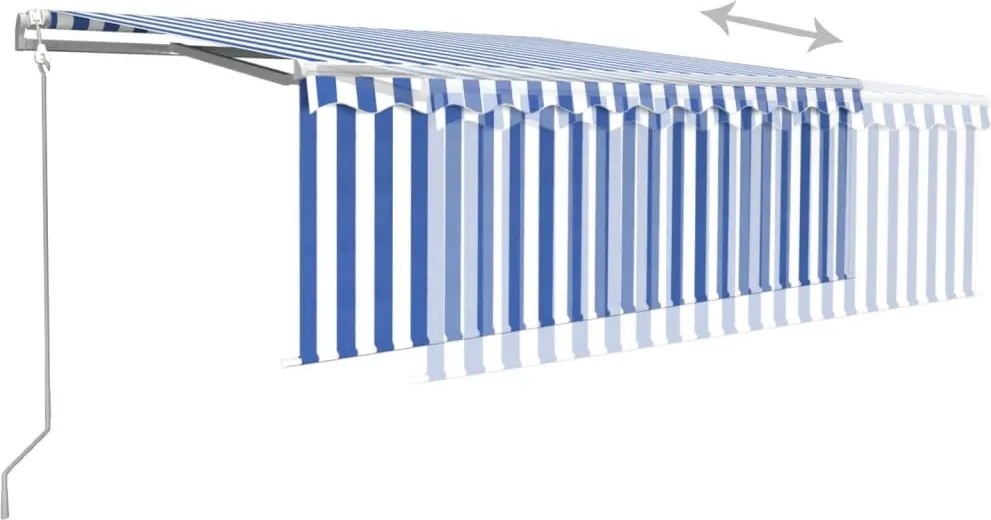 Kék és fehér redőnyös, szélérzékelős, LED-es napellenző 4,5x3 m