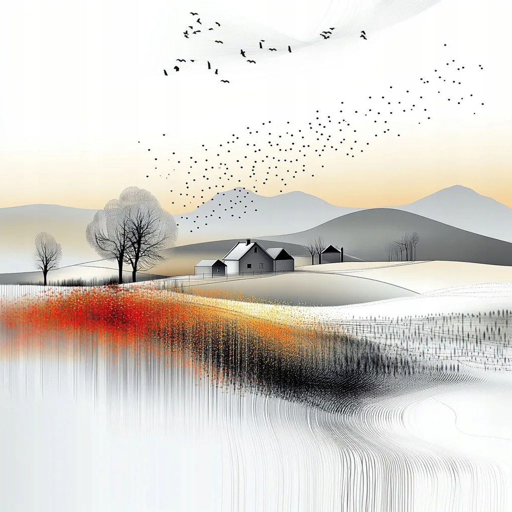 Vászonkép Canvas Tájkép Hegyek Dombok Falu Mezők Virágok Madarak 40x40