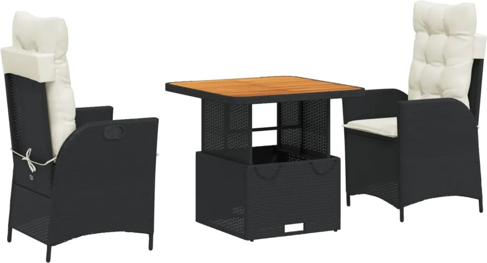 vidaXL 3 részes fekete polyrattan kerti étkezőgarnitúra párnákkal