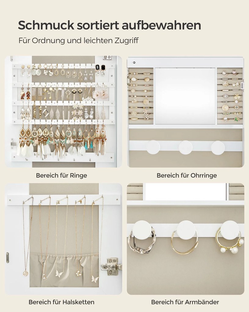 led-es tükör ékszertárolóval 10×42×108 cm, fehér