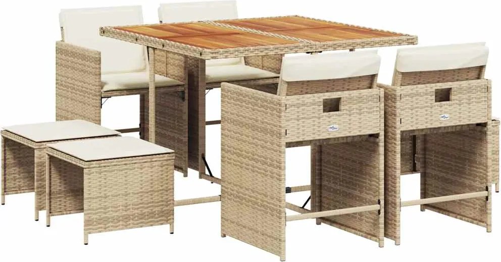 vidaXL 9 részes bézs polyrattan kerti étkezőgarnitúra párnákkal
