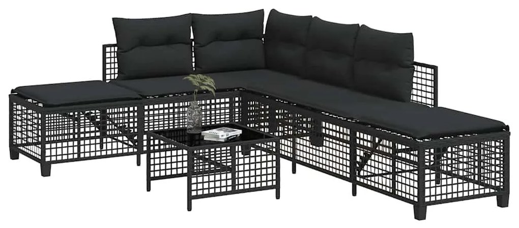 3 részes fekete polyrattan kerti sarokkanapé garnitúra párnával