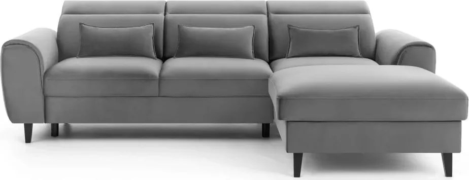 Szürke bársony kinyitható-tárolóhelyes sarokkanapé (jobb oldali-heverő résszel) Foble – ELTAP