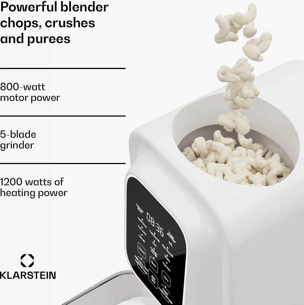 Klarstein Loire 4 az 1-ben, vegán italkészítő gép, 800/1200 W, 1200 ml, érintésvezérlés, kivehető víztartály