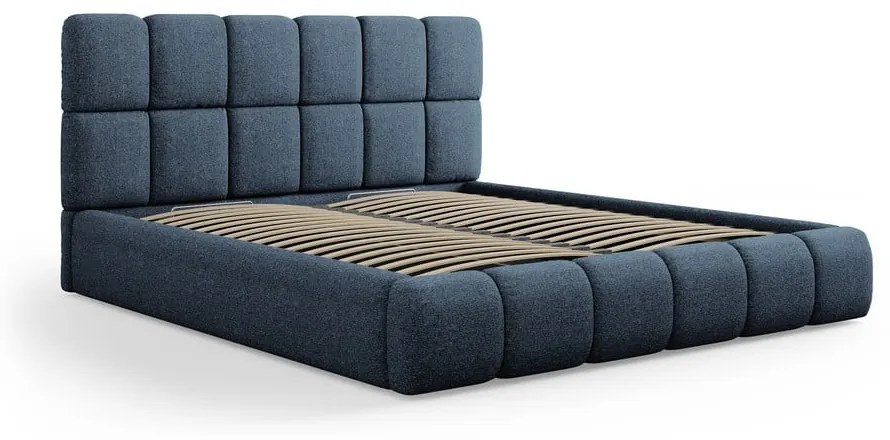 Sötétkék kárpitozott franciaágy tárolóhellyel, ágyráccsal 200x200 cm Bellis – Micadoni Home