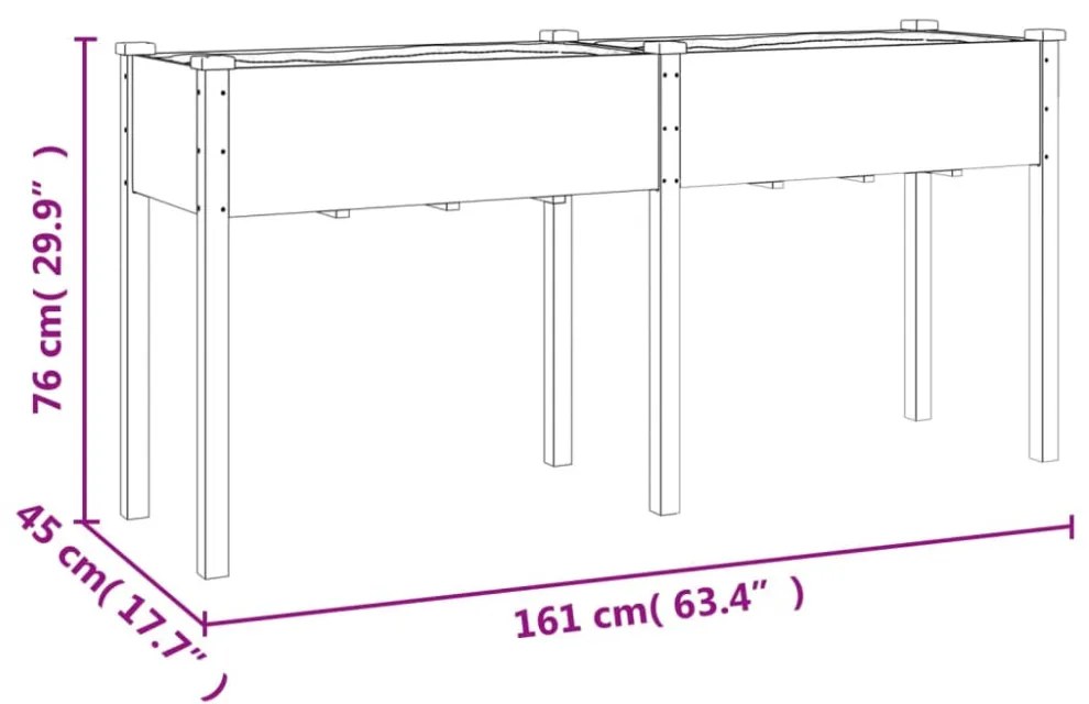 barna tömör fenyőfa kerti ültetőláda béléssel 161x45x76 cm