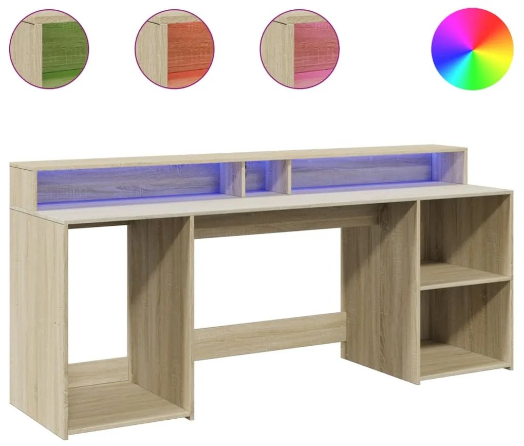 sonoma tölgy színű szerelt fa íróasztal LED-ekkel 200x55x91 cm