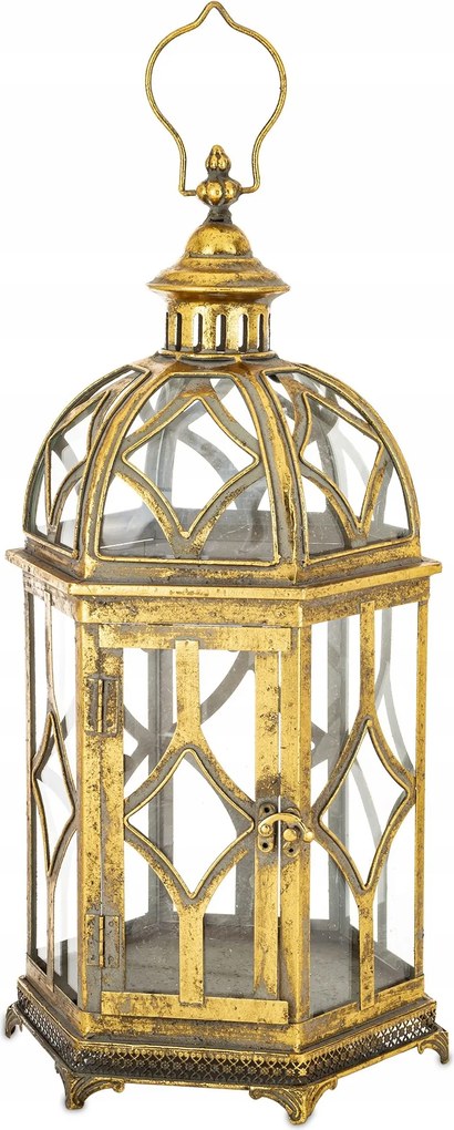 Lampion arany retro magas fém lámpa arany üveg dekoráció