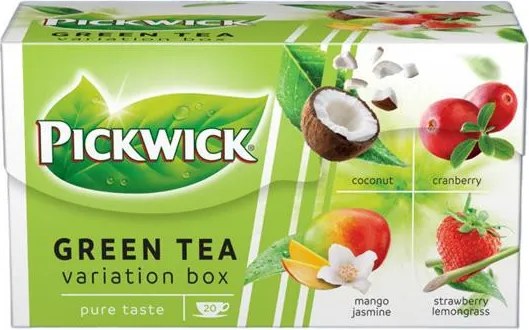 Zöld tea, 20x1,5 g, PICKWICK Zöld tea Gyümölcsös Variációk, kókusz, vörösáfonya, eper-citromfű, mangó-jázmin (KHK461H)