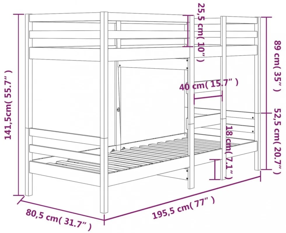 fehér tömör fenyőfa emeletes ágy 75x190 cm