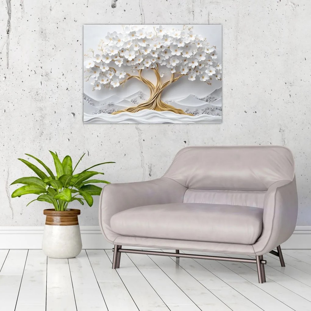 Üveg kép – 3D elegáns életfa virágokkal (70x50 cm)
