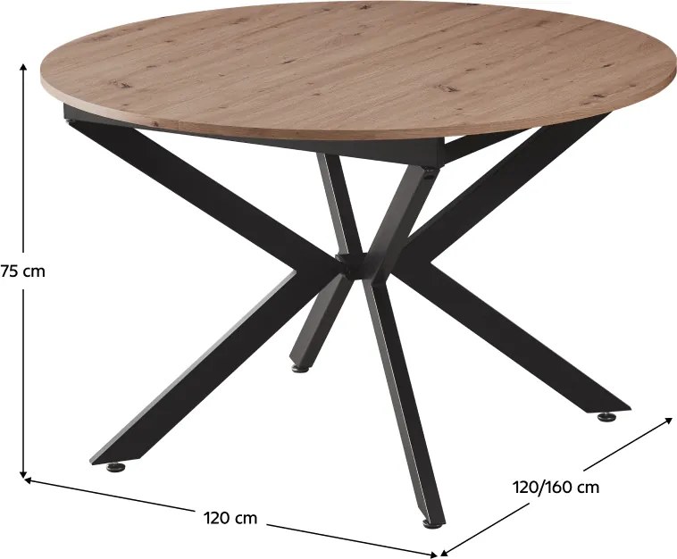 Kihúzható étkezőasztal, artisan tölgy/fekete, 120x120-160x75 cm, ABERO TYP 2