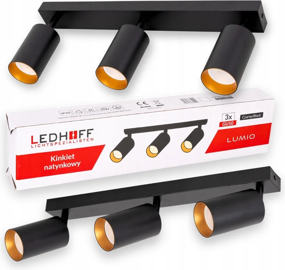 Mennyezeti lámpa Fali lámpa Halogén lámpatest Fekete Arany 3x GU10 Spot