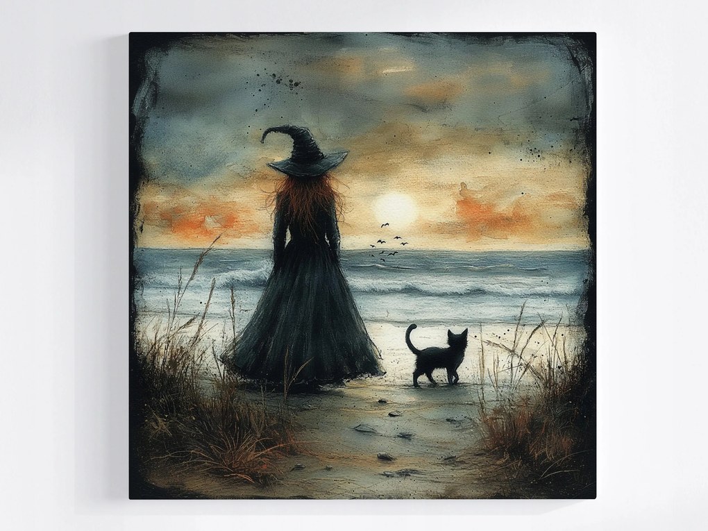 Vászonkép Canvas Boszorkány Macska Naplemente Rejtély Tengerpart 40x40