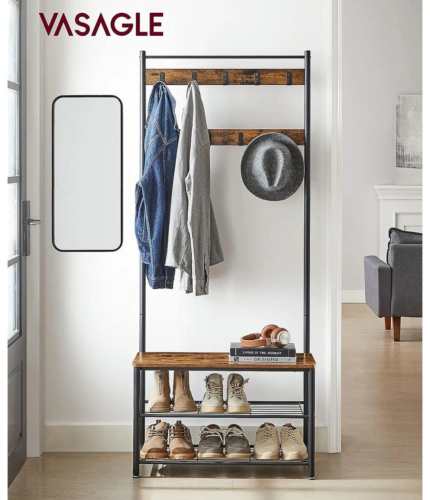 Kabáttartó, ruhafogas cipőtárolóval, rusztikus barna