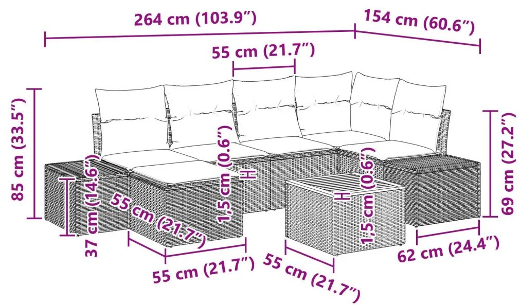 7 részes Kerti Kanapé Szett Párnákkal Fekete Poli Rattan Akáciából