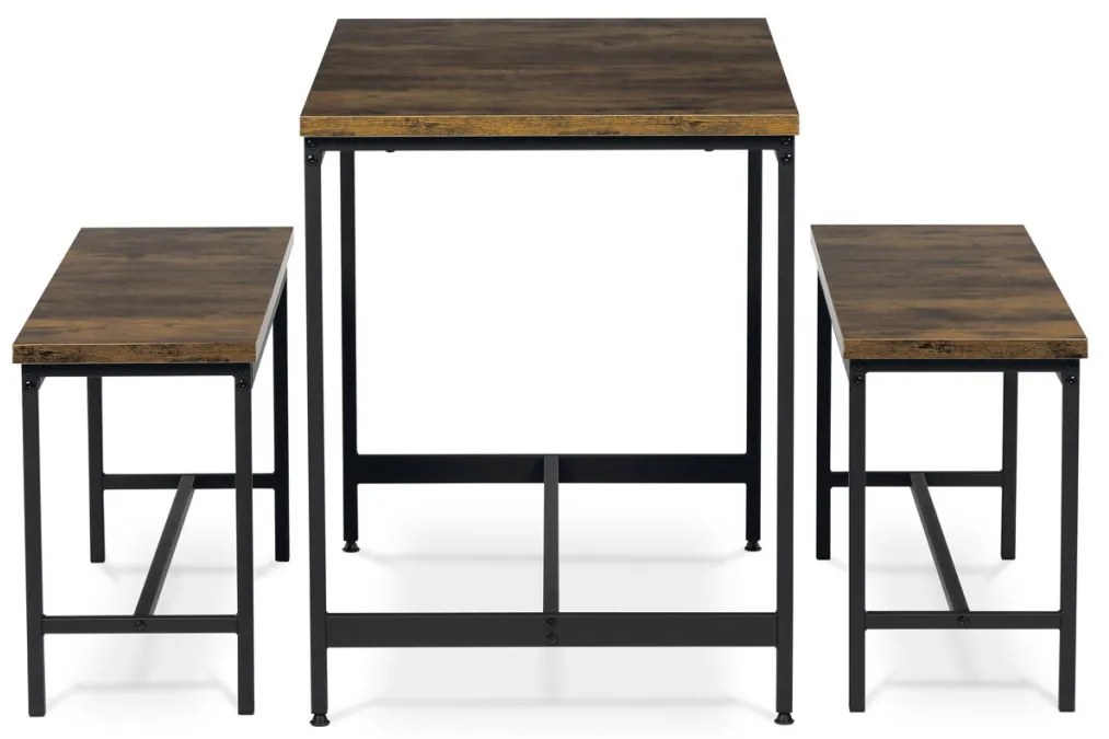 Étkezőgarnitúra 1 asztal +2 pad, asztal mérete 110x60x75, pad mérete 98x30x47, MDF, Öregtölgy színben. Nem víz és Uv álló.
