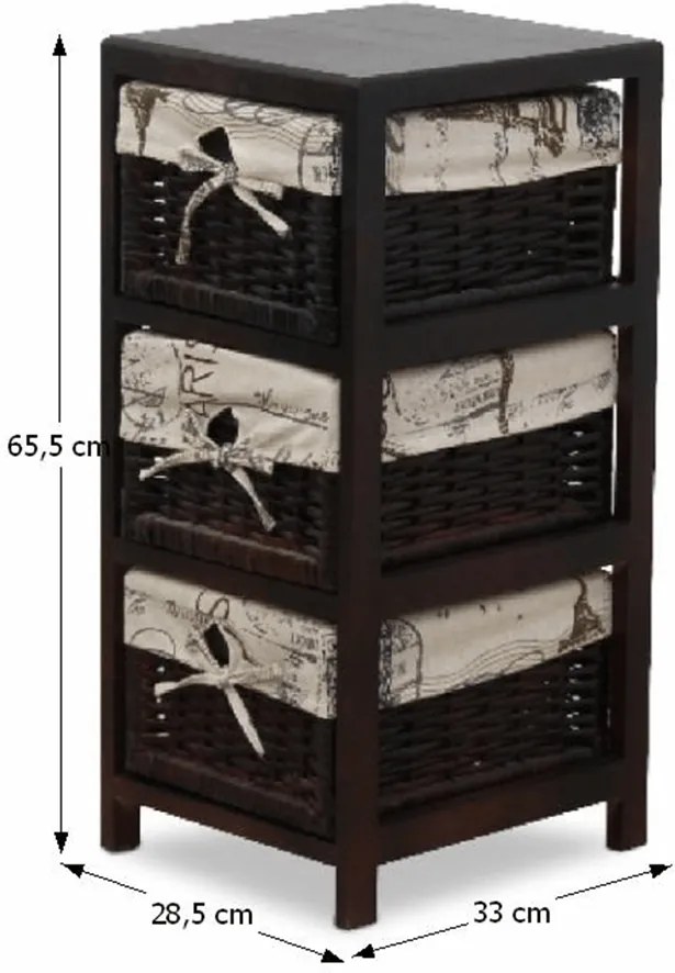 Komód, 3 fonott kosár, sötétbarna/bézs, ELI 1