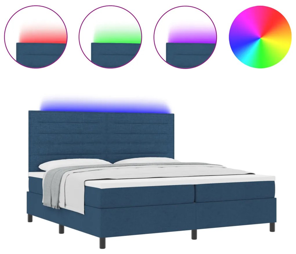 Rugós ágy matraccal és LED kék, 200 x 200 cm-es szövet