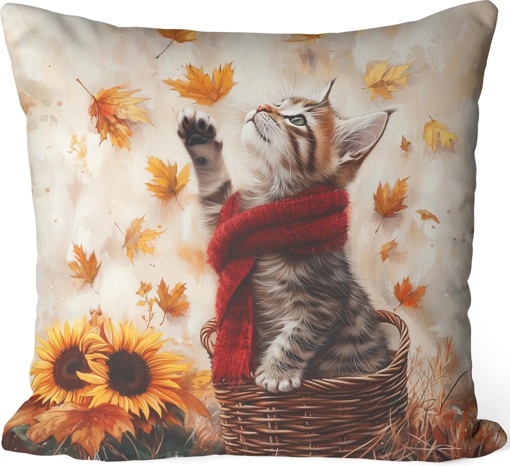 Őszi Díszpárnahuzat 45X45 CM Macska Őszi Levelek 457