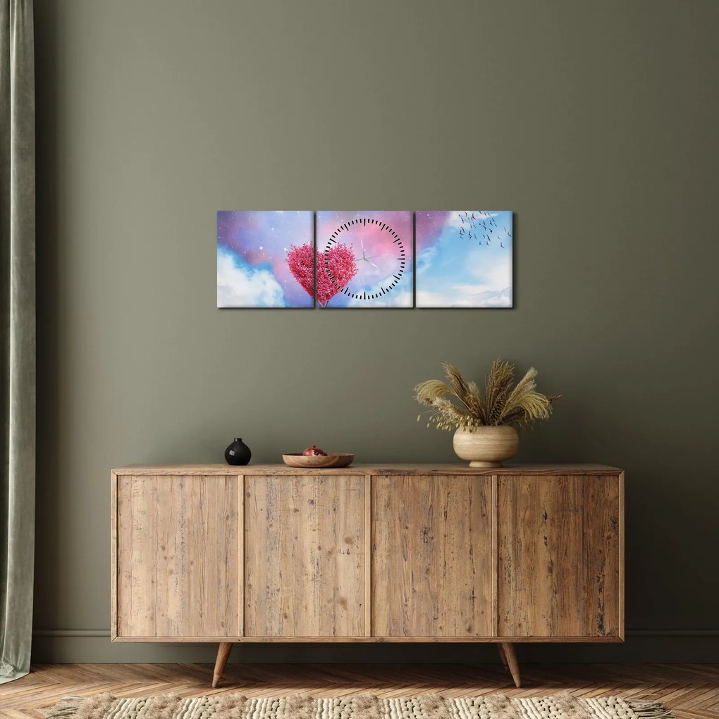 Kép - Rózsaszín szív fa (órával) (90x30 cm)