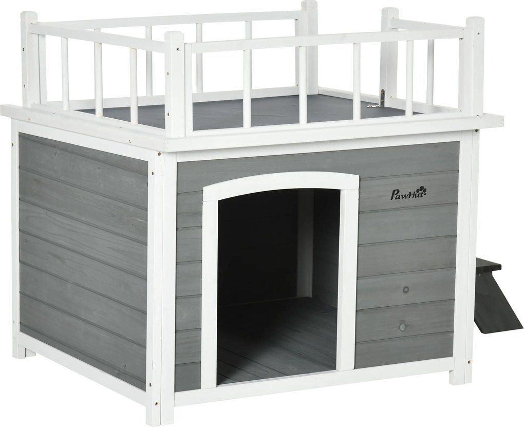 PawHut Kutyaház Erkélyes, Emelt Állású Kutyaház Lépcsővel, Ablakkal, Kiskutya és Nagykutya Barlang, Fenyőfából, Világosszürke, 121 x 77 x 78 cm | Aoso