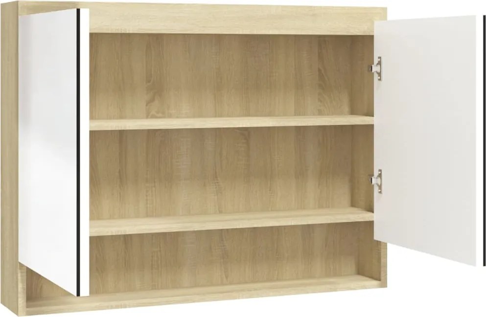 vidaXL fényes és tölgy MDF tükrös fürdőszobaszekrény 80 x 15 x 60 cm