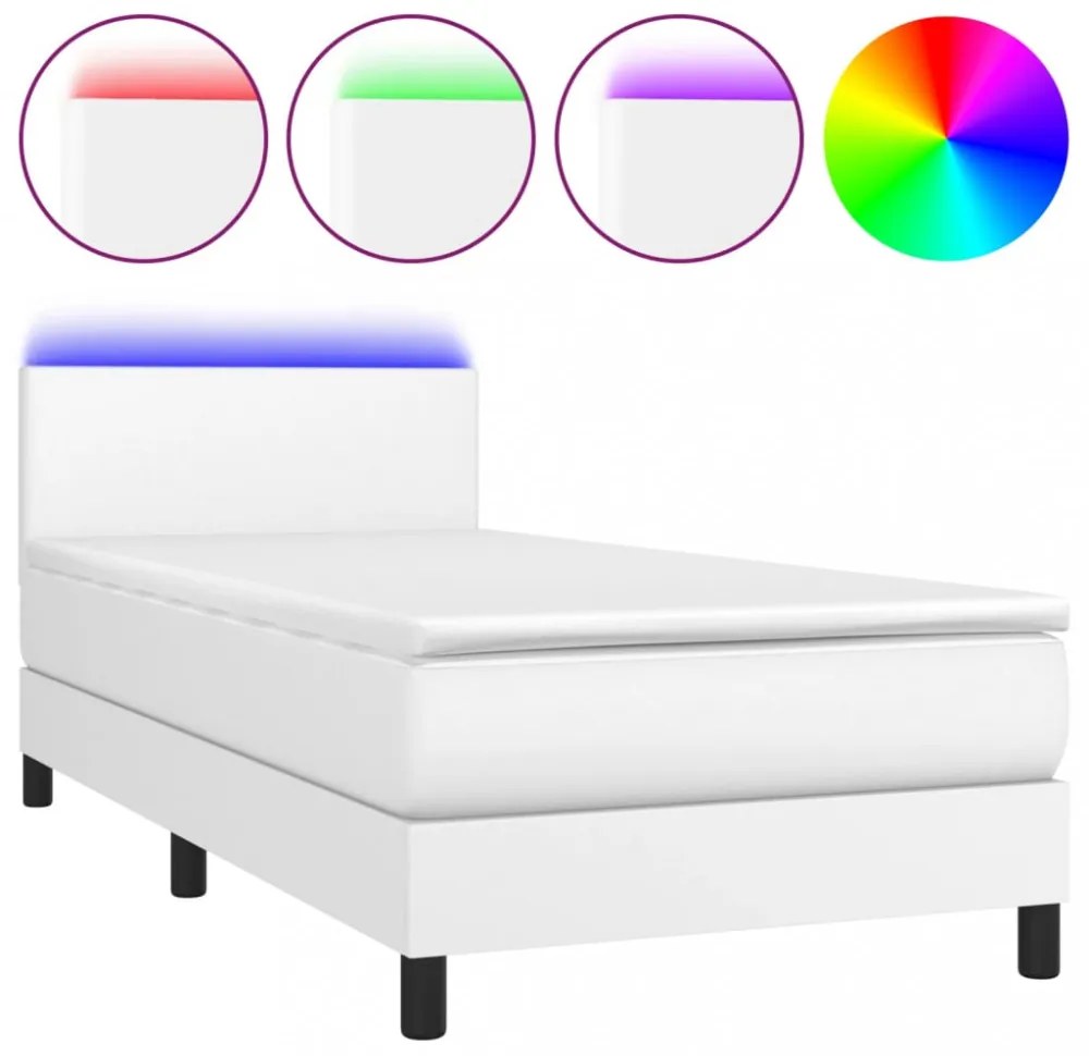 fehér műbőr rugós ágy matraccal és LED-del 80 x 200 cm