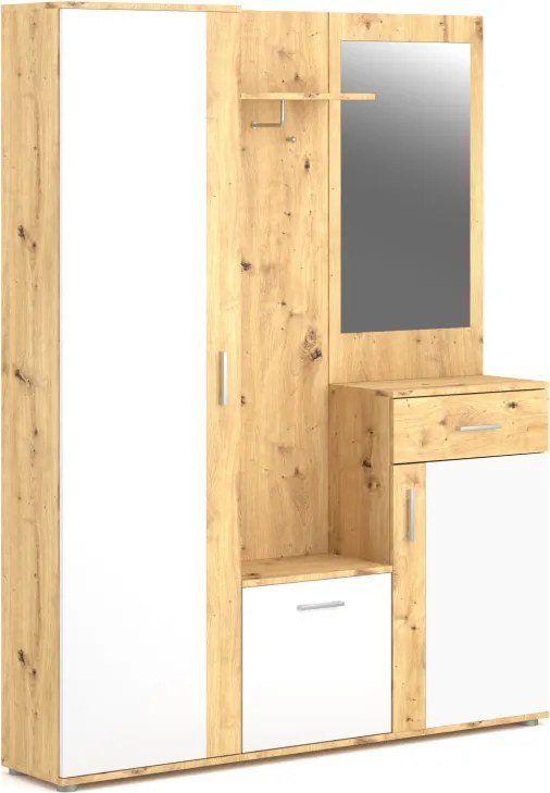Előszoba bútor szett Artisan tölgy / fehér színkombinációban LED világítással – TRIO