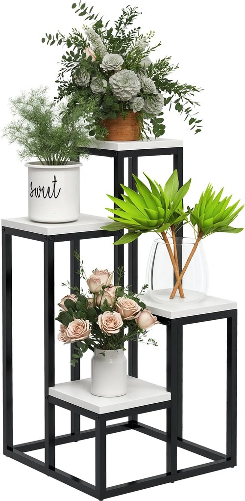 Outsunny Virágtartó Acél, Viráglétrés, Növénytároló Lépcső 4 Szinten, Virágtartó, Növénytartó Kerthez, Erkélyhez, Fehér, 34 x 34 x 70 cm | Aosom