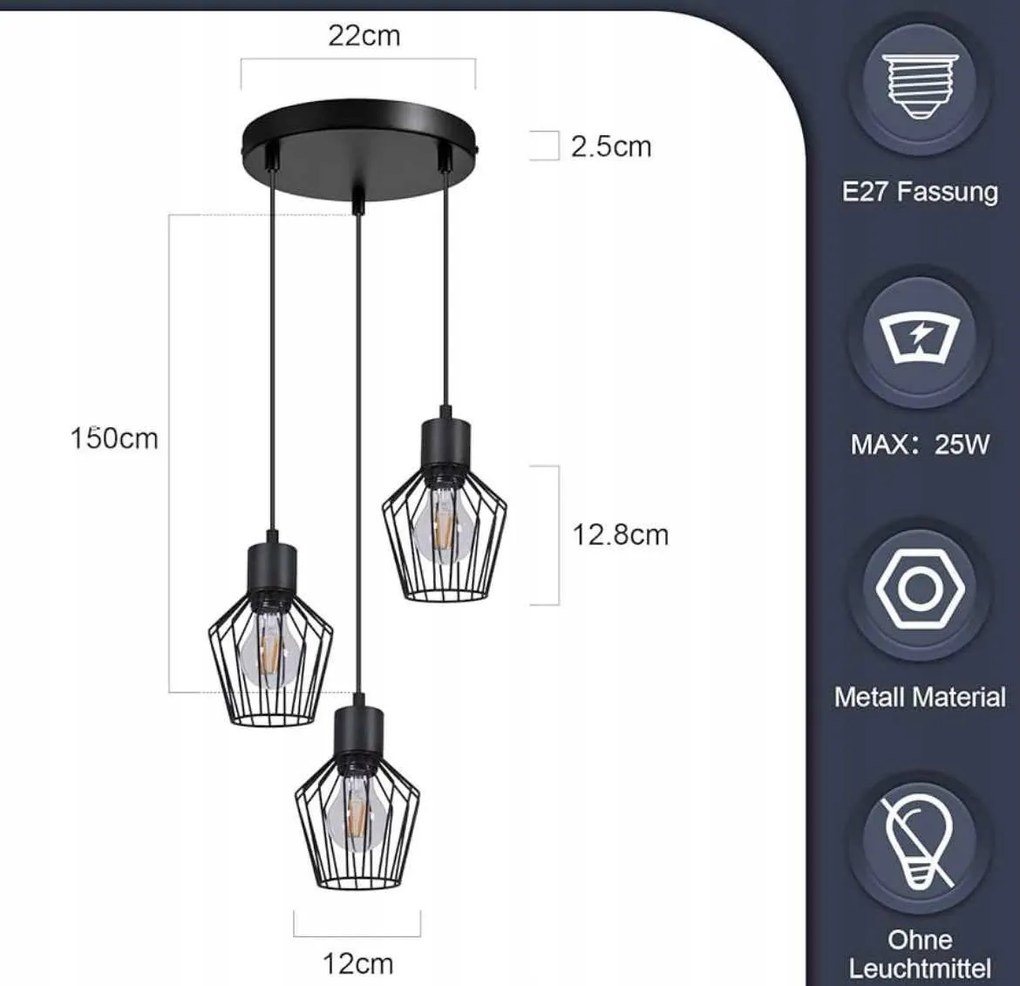 Függő lámpa csillár mennyezeti lámpa fekete Led E27 ipari