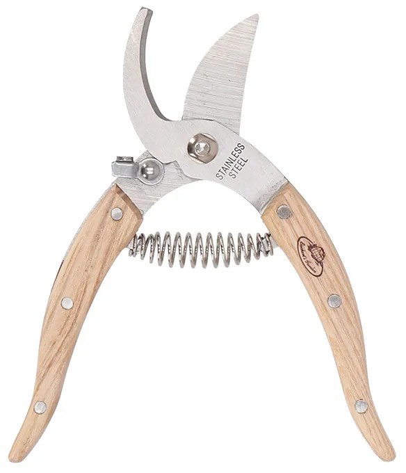 Rozsdamentes acél metszőolló szobanövényekhez, kőrisfa nyéllel, 17 cm