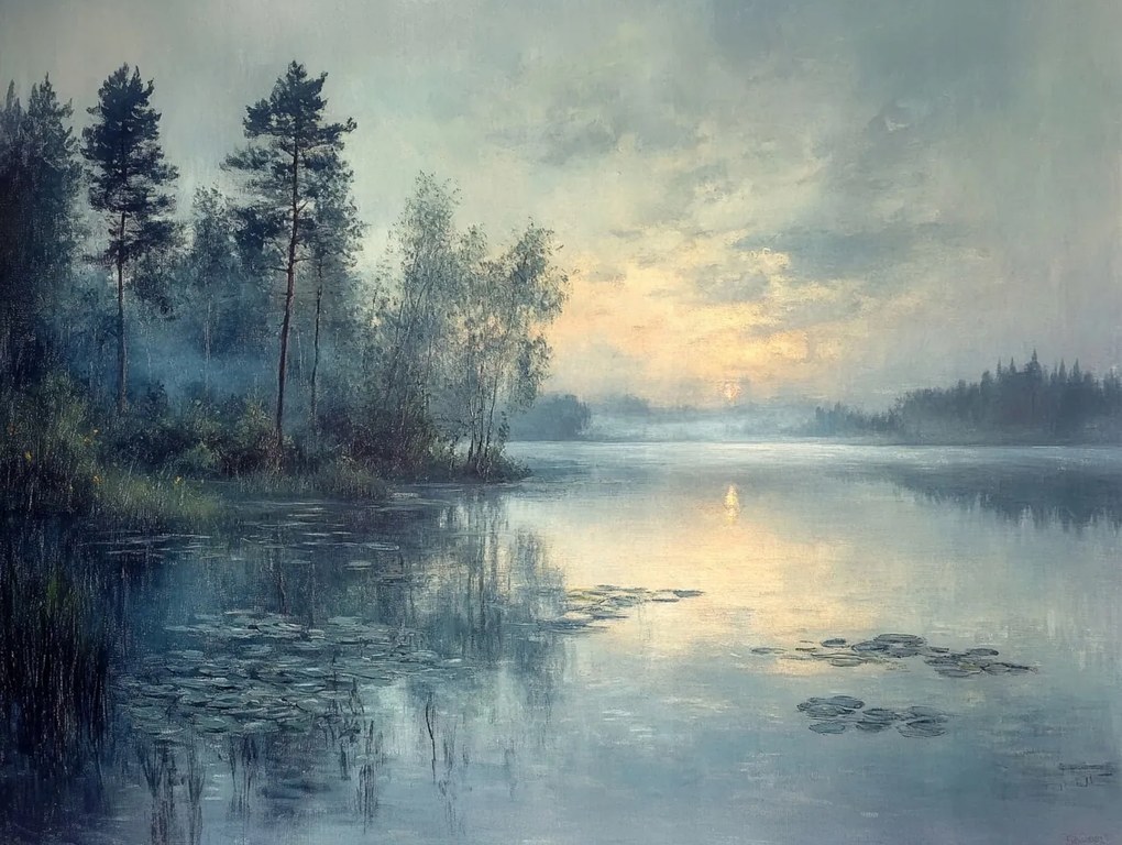 Vászonkép Canvas Tájkép Tó Fák Naplemente Köd 80x60