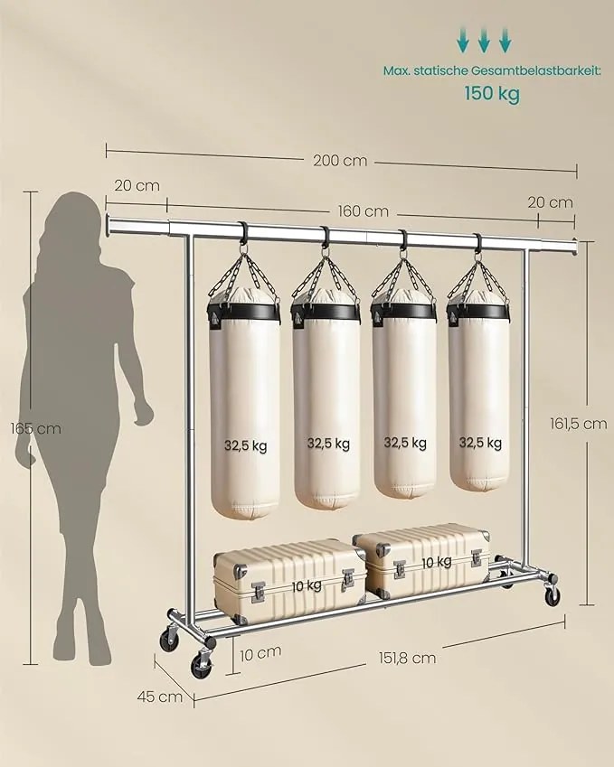 Nagy teherbírású ruhatartó állvány 150 kg maximális terheléssel, ezüst színben