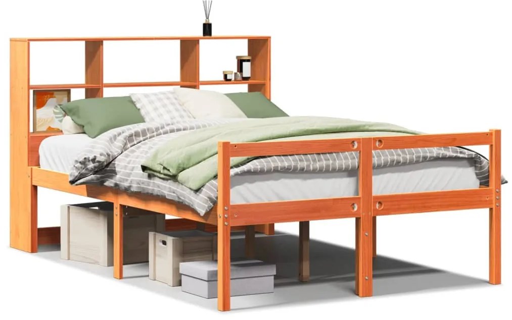 viaszbarna tömör fa könyvespolcos ágy matrac nélkül 135 x 190cm